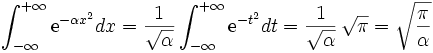 \int_{-\infty}^{+\infty} \mathrm{e}^{-\alpha x^2} dx =\frac{1}{\sqrt{\alpha}}\int_{-\infty}^{+\infty} \mathrm{e}^{-t^2} dt = \frac{1}{\sqrt{\alpha}}\, \sqrt{\pi} = \sqrt{\frac{\pi}{\alpha}}