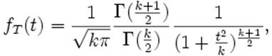 f_T(t)=\frac{1}{\sqrt{k\pi}}\frac{\Gamma(\frac{k+1}{2})}{\Gamma(\frac{k}{2})}\frac{1}{(1+\frac{t^2}{k})^{\frac{k+1}{2}}},